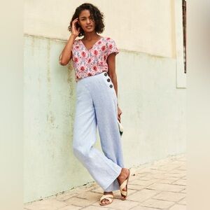 BODEN Penzance Wide Leg Blue and White Striped Linen Trousers Size 4